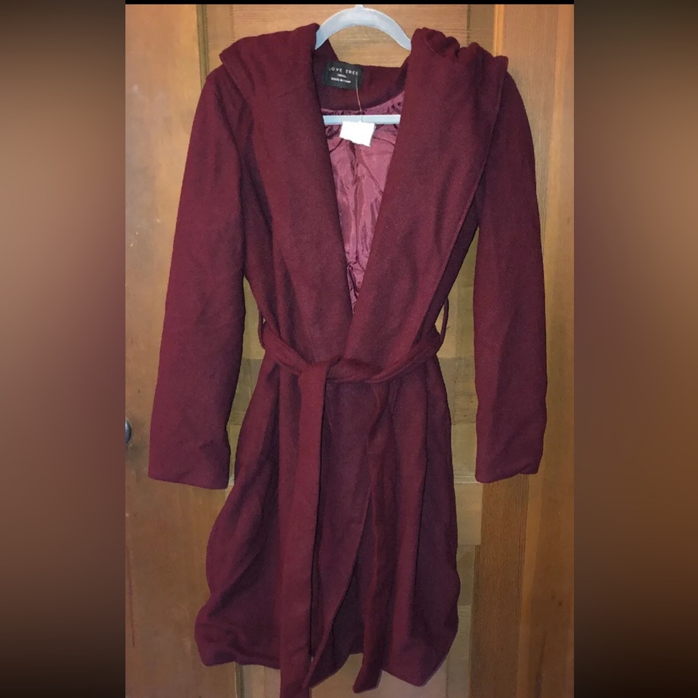 Women’s Size S Love Tree Dress Coat Maroon W/ Hood. New without tags.